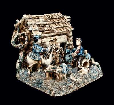 Extremely Rare and Important Stoneware Log Cabin Group (The Arkansas Traveler), probably Anna Pottery