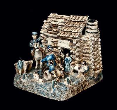Extremely Rare and Important Stoneware Log Cabin Group (The Arkansas Traveler), probably Anna Pottery