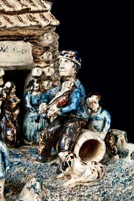Extremely Rare and Important Stoneware Log Cabin Group (The Arkansas Traveler), probably Anna Pottery