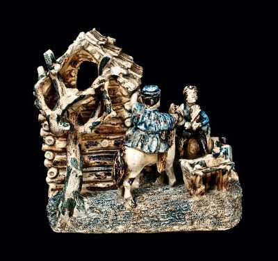 Extremely Rare and Important Stoneware Log Cabin Group (The Arkansas Traveler), probably Anna Pottery