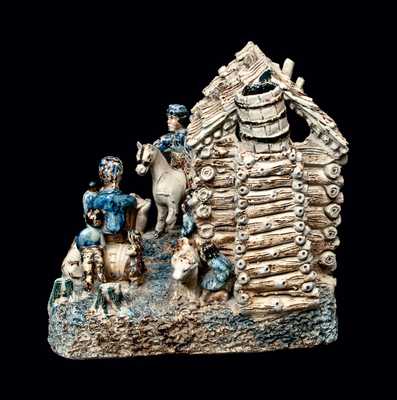 Extremely Rare and Important Stoneware Log Cabin Group (The Arkansas Traveler), probably Anna Pottery