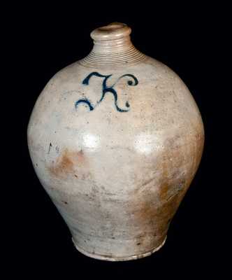 Early Ovoid New Jersey Stoneware Jug with Slip-Trailed