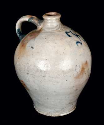 Early Ovoid New Jersey Stoneware Jug with Slip-Trailed 