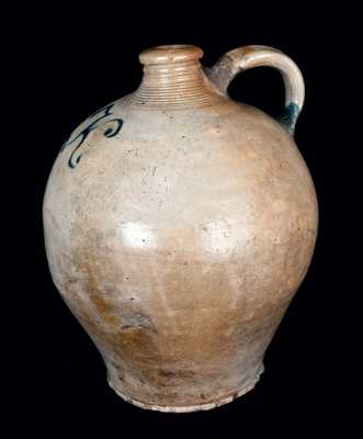 Early Ovoid New Jersey Stoneware Jug with Slip-Trailed 