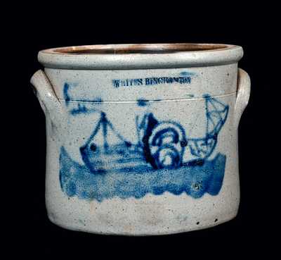 Rare WHITES / BINGHAMTON Stoneware Crock with Paddleboat Decoration