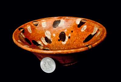 Rare Small North Carolina Redware Dish w/ Yellow- and Brown-Dotted Interior