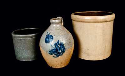 Lot of Three: Two Undecorated Stoneware Crocks and Reproduction L. NORTON Jug