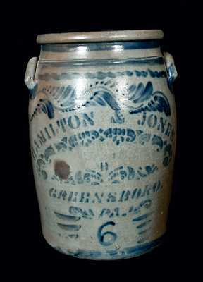 Six-Gallon HAMILTON & JONES (Greensboro, PA) Stoneware Crock with Elaborate Decoration