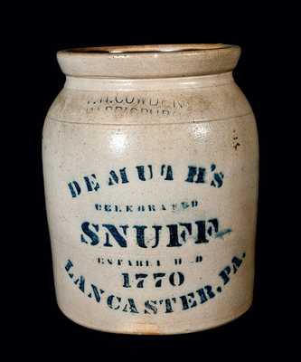 DEMUTH'S SNUFF, LANCASTER, PA Advertising Crock by F.H. Cowden (Harrisburg)