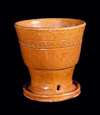 Redware Flowerpot with Attached Saucer and Incised Lines