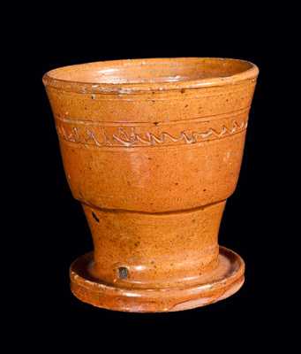 Redware Flowerpot with Attached Saucer and Incised Lines