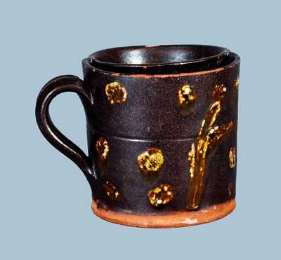 Outstanding Green-Slip-Decorated Redware Shaving Mug, possibly Baltimore or Morgantown