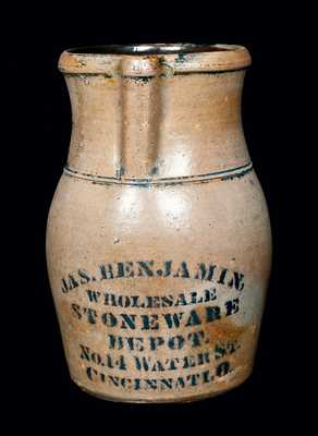 JAS. BENJAMIN / CINCINNATI, O. Stenciled Stoneware Pitcher