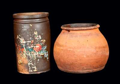 Lot of Two: Redware Bean Pot and Stoneware Jar Signed EBERLY / STRASBURG, VA