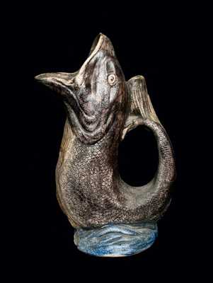 Rare Midwestern Salt-Glazed Stoneware Fish Pitcher