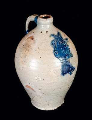 Outstanding New York City Stoneware Jug with Incised Man / Goat Head