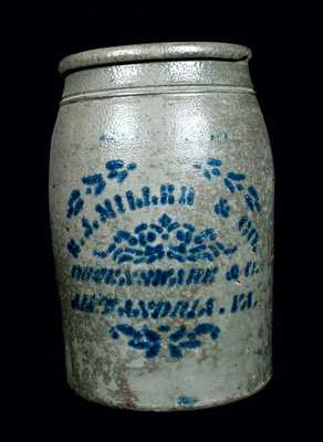 Rare E. J. MILLER / ALEXANDRIA, VA Stoneware Advertising Crock w/ James Hamilton Stenciling on Reverse