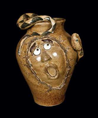 Otis Norris Contemporary Stoneware Face Vessel w/ Applied Snake, SC origin