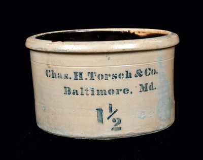 Chas. H. Torsch & Co. / Baltimore, Md. Stoneware Cake Crock, circa 1880