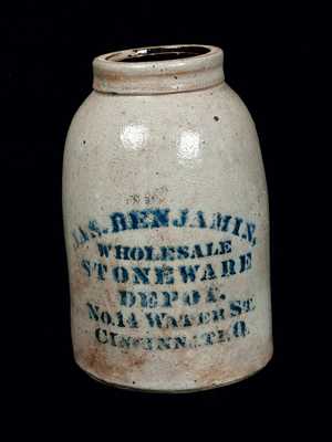 JAS. BENJAMIN / CINCINNATI, O. Stoneware Handled Canning Jar, circa 1880