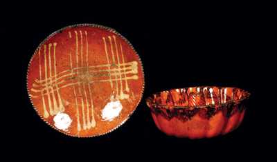 Lot of Two: Slip-Decorated Redware Plate and Redware Cake Mold