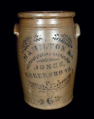 6 Gal. HAMILTON & JONES / GREENSBORO, PA Stoneware Crock