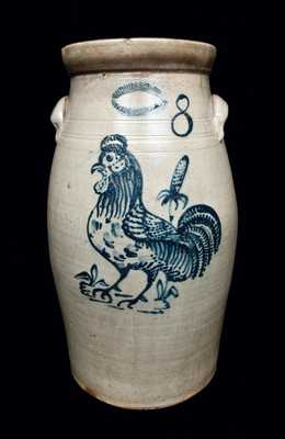 Exceptional 8 Gal. John Burger, Rochester, NY Stoneware Churn with Rooster