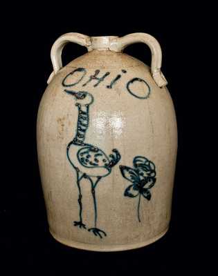 Monumental Red Wing Stoneware Jug with Large Bird and Ohio Inscription