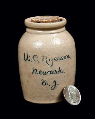 Rare Miniature Salesman s Sample Newark, NJ Script Stoneware Advertising Jar