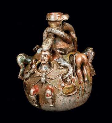 Rare and Important Anna Pottery Temperance Snake Jug w/ Applied Figural Decoration