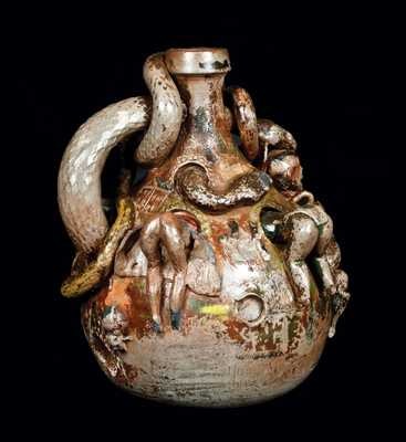 Rare and Important Anna Pottery Temperance Snake Jug w/ Applied Figural Decoration