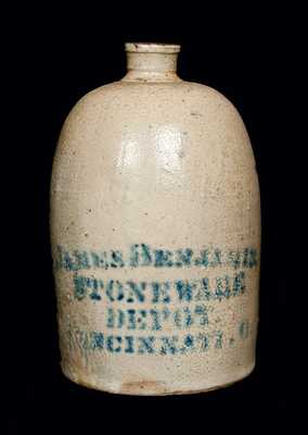 JAS. BENJAMIN STONEWARE DEPOT CINCINNATI, OH Stoneware Jug