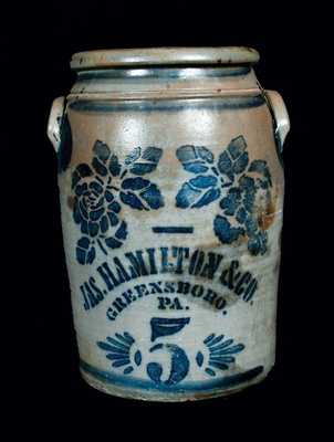 5 Gal. JAS. HAMILTON & CO. Stoneware Crock w/ Stenciled Floral Decoration