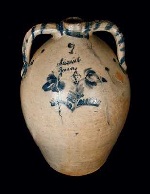 Very Rare Seven-Gallon Double-Handled Stoneware Jug with Cobalt Decoration, Incised Samuel Young, Belmont County, Ohio.