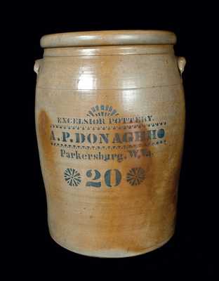 Monumental 20 Gal. A. P. DONAGHHO / PARKERSBURG, WV Stoneware Crock