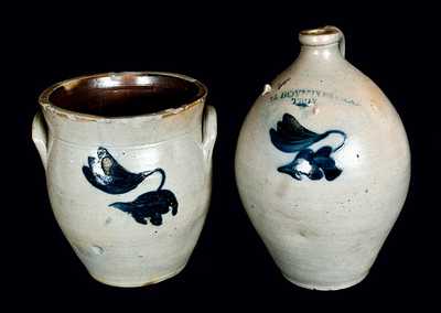 Lot of Two: C. BOYNTON / TROY, NY Stoneware Jug and Matching Crock w/ Incised Bird on Reverse