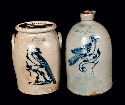 Lot of Two: J. & E. NORTON Stoneware Crock with Bird and TAFT / KEENE, NH Stoneware Jug with Bird