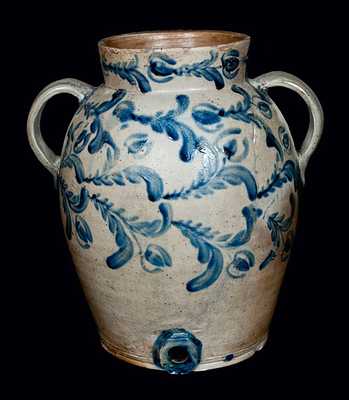 Rare Two-Gallon Open-Handled Baltimore Stoneware Water Cooler with Profuse Decoration