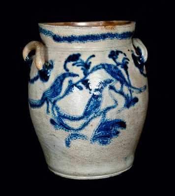 Extremely Rare Loop-Handled Baltimore Stoneware Crock with Five Birds and Floral Decoration, c1815-20