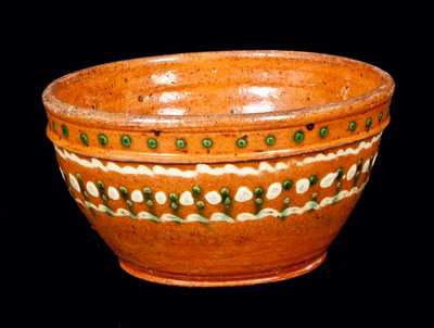 Unusual Redware Bowl with Ornate Green and Yellow Slip Decoration