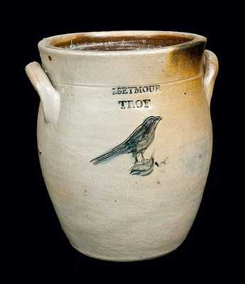 I. SEYMOUR / TROY Stoneware Crock with Incised Bird