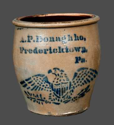 Scarce A.P. Donaghho, Fredericktown, PA Stoneware Cream Jar with Stenciled Federal Eagle Decoration