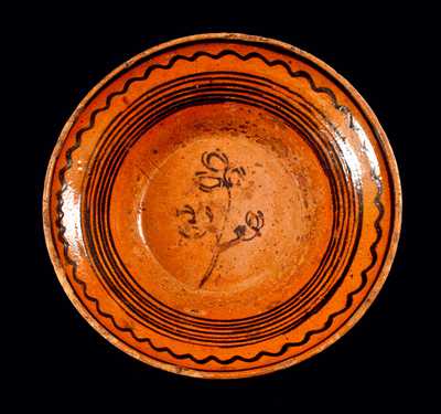 Extremely Rare Redware Bowl with Slip-Trailed Lines and Tulips attrib. Peter Bell, Hagerstown, MD