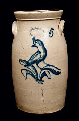 JOHN BURGER, JR. / ROCHESTER, NY Stoneware Churn with Elaborate Bird Decoration