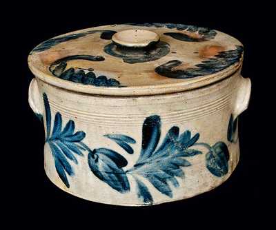 Richard Remmey, Philadelphia, Stoneware Cake Crock with Lid and Elaborate Cobalt Decoration