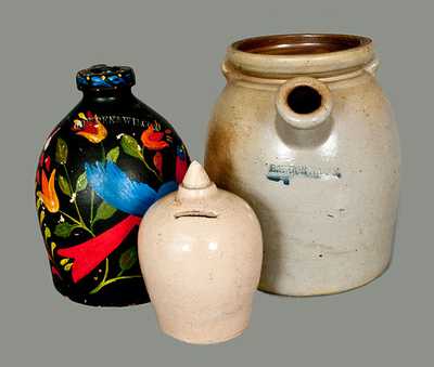 Lot of Three: BANGOR, ME Stoneware Batter Pail, Stoneware Bank, and COWDEN & WILCOX Stoneware Jug