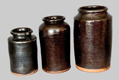 Lot of Three: Cylindrical Redware Jars with Manganese Glaze