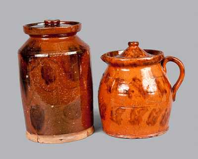 Lot of Two: Redware Batter Pitcher and Redware Jar, Both with Manganese Decoration