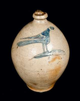 Important Ovoid New York City Stoneware Jug with Elaborate Incised Bird Decoration, c1800