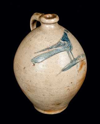 Important Ovoid New York City Stoneware Jug with Elaborate Incised Bird Decoration, c1800